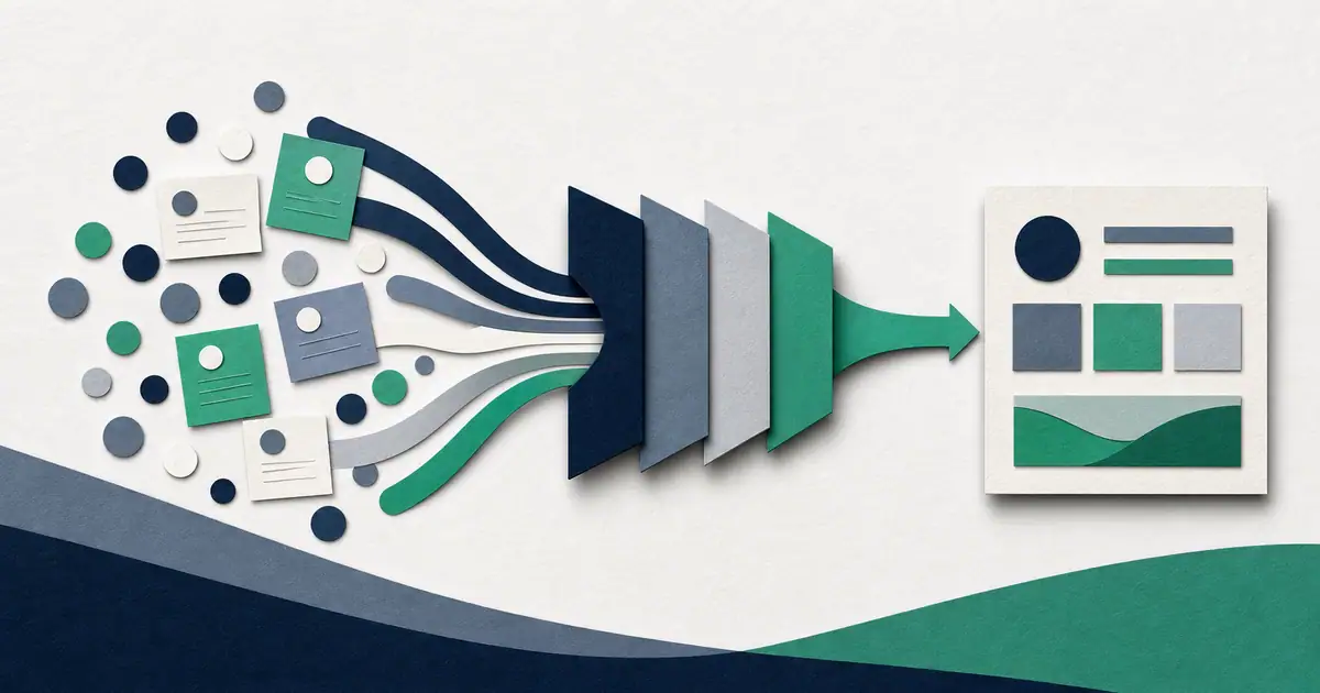 Abstract paper-collage illustration of recruiting data, workflow, and a unified decision system.