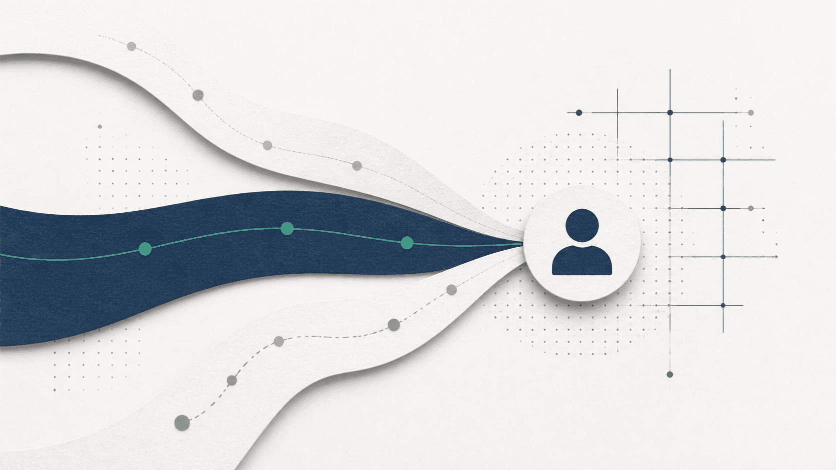 Abstract editorial illustration of three recruiting paths converging on one financial-advisor profile