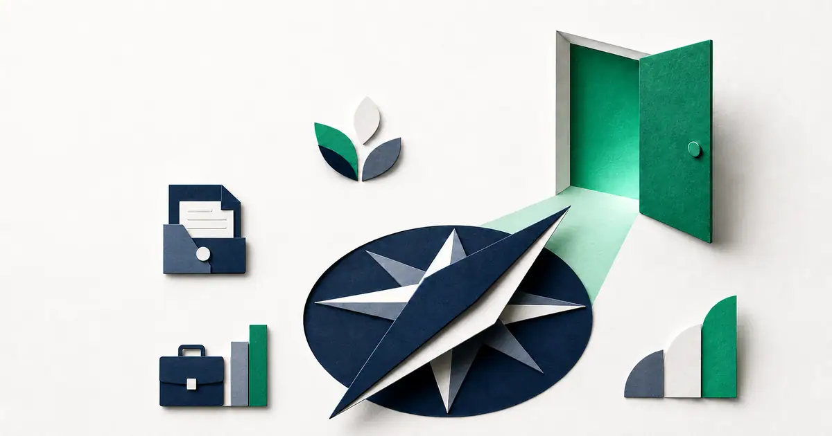 A compass, business documents, growth bars, and an open green doorway representing independent-firm opportunity.