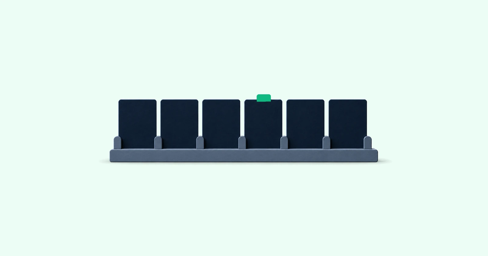 Six blank navy cards stand upright in one slate rail, with one green tab above the fourth card, representing the six stages of an advisor recruiting pipeline.
