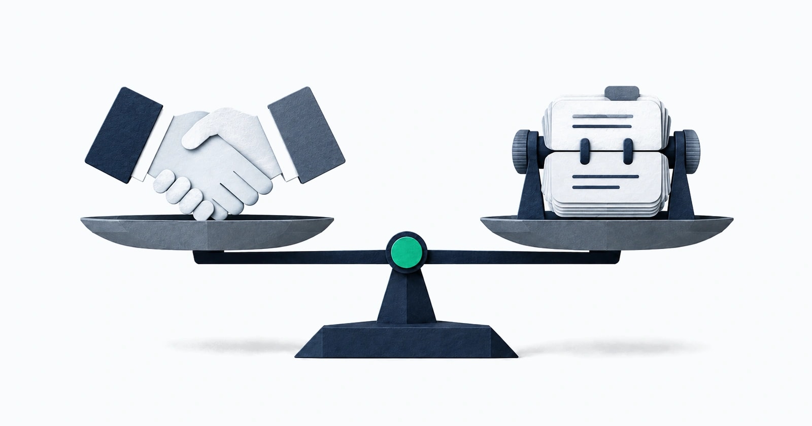 Paper-cut balance scale comparing recruiting financial advisors with a third-party recruiter and with an in-house desk: a partnership handshake on one pan, a rotary contact-card index on the other, and a green pivot between them.