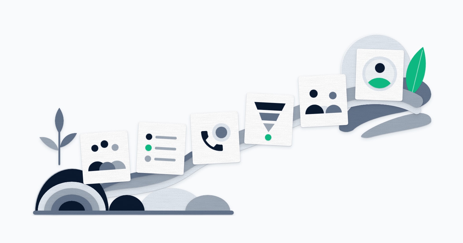 Six paper-cut tiles showing a team, a list, a phone call, a funnel, two people and a single advisor profile climb a layered navy and slate path from a small sprout toward a pale sun disc and a green leaf.