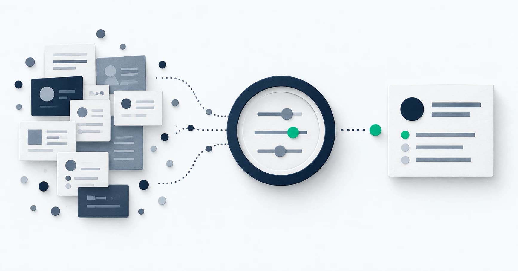 Scattered advisor profile cards flow through a set of adjustable filters into one organized advisor profile.