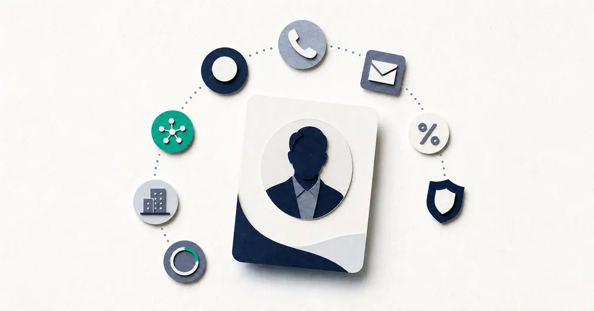 An advisor record surrounded by contact, firm, network, verification, and freshness signals.